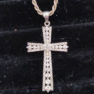 Iced Out Elegant Sterling JTS Cross Pendant W/ 22" Sterling Banter Rope Chain